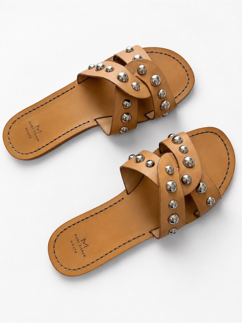 M by Marc Fisher Tan Leather Studded Slide Sandals Size 8